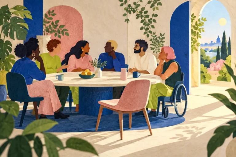 Ilustrație cu un grup divers în jurul unei mese și un scaun liber pentru cineva nou.