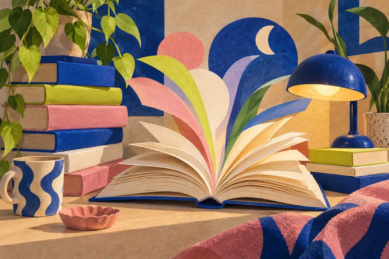 Illustration of stacked books, an open book with colourful pages and a reading lamp.