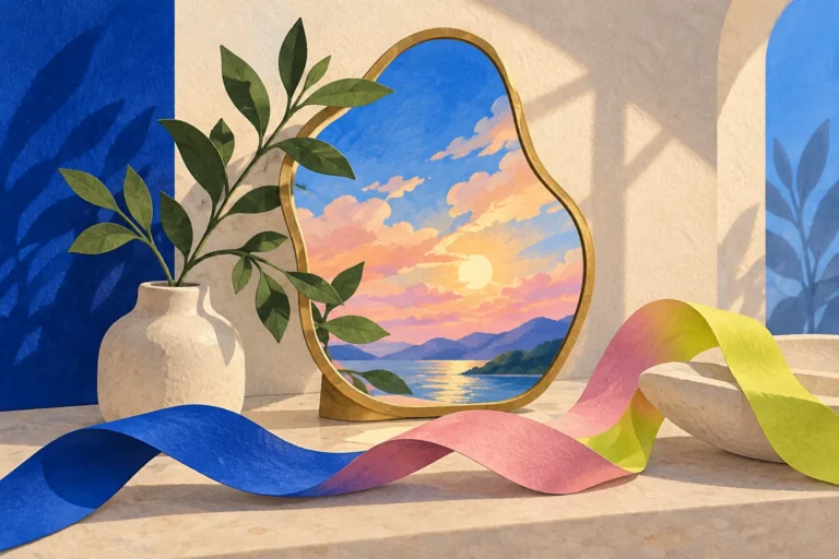 Ilustrație cu o oglindă care reflectă un cer luminos, o plantă și o panglică colorată.