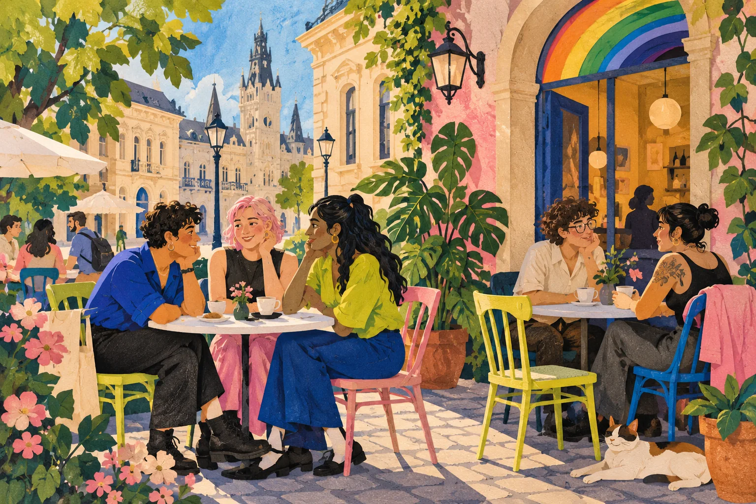 Illustration of people at an imagined café terrace with colourful tables and a rainbow entrance.